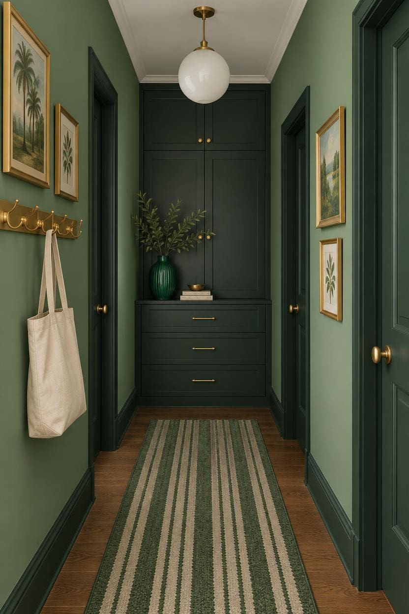 Charming green hallway with artwork, coat hooks, and a rug.