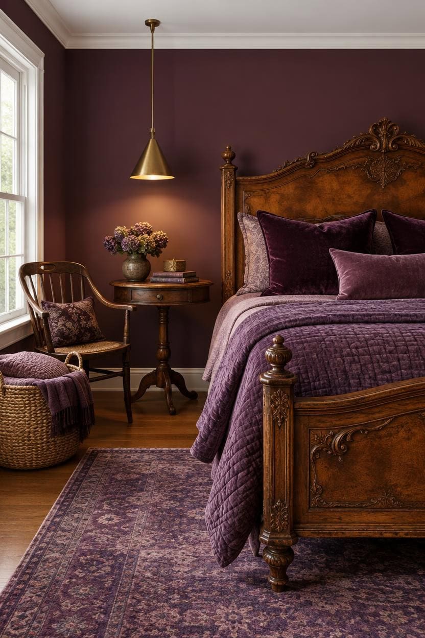 Luxurious bedroom with antique wooden bed and purple accents.