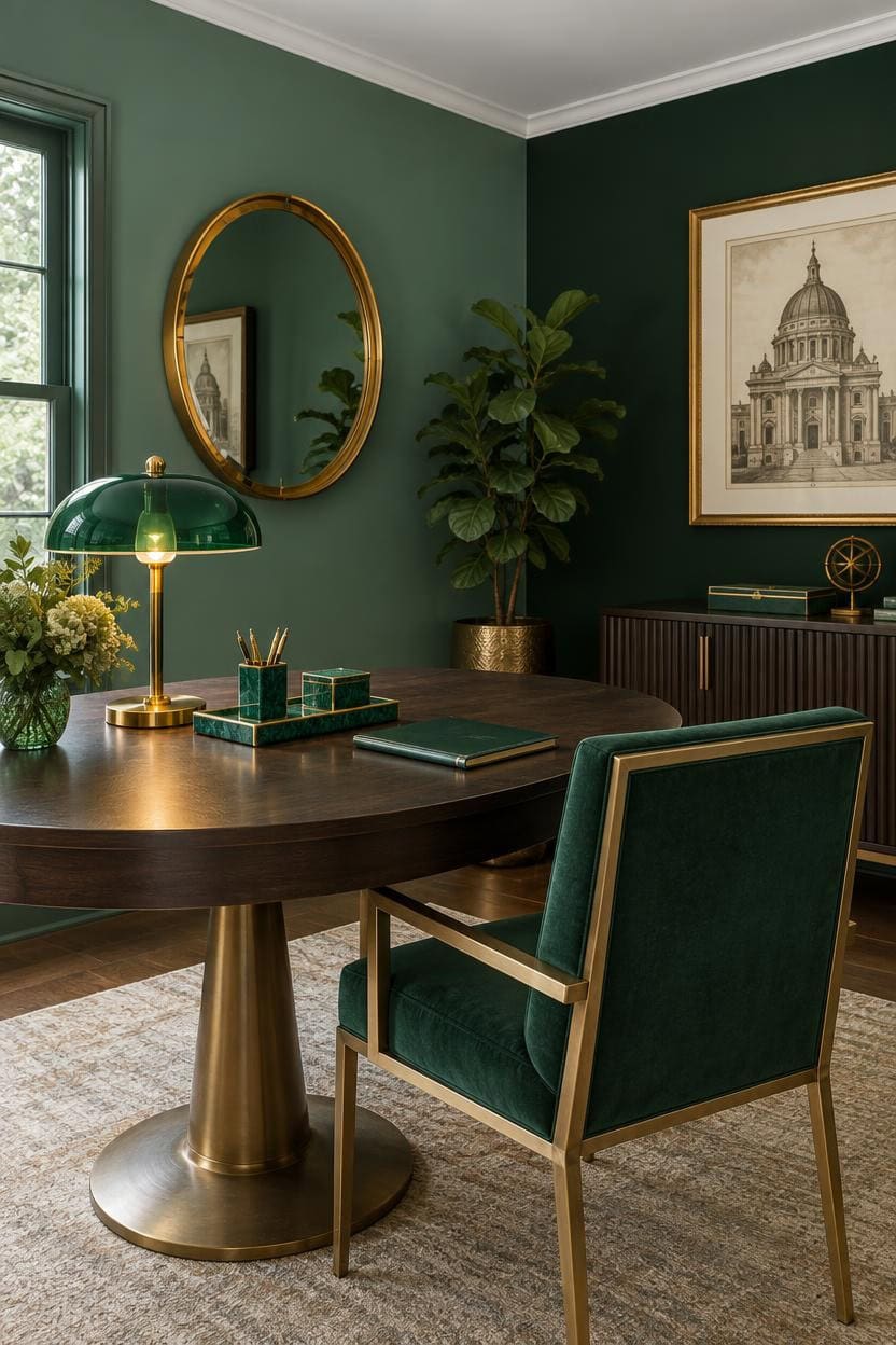 Stylish green office with gold accents, artwork, and a large plant.