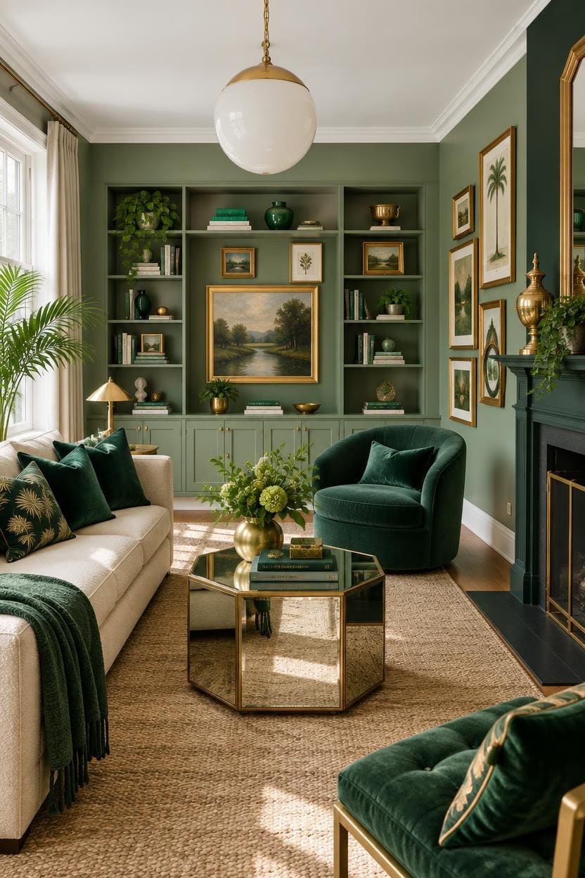 Stylish living room with green walls, velvet furniture, and gold accents.