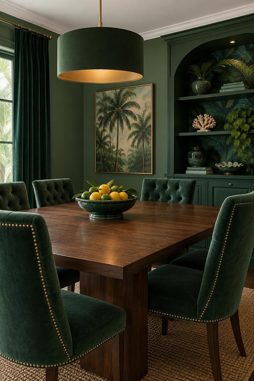 Stylish dining room with green walls, velvet chairs, and tropical artwork.