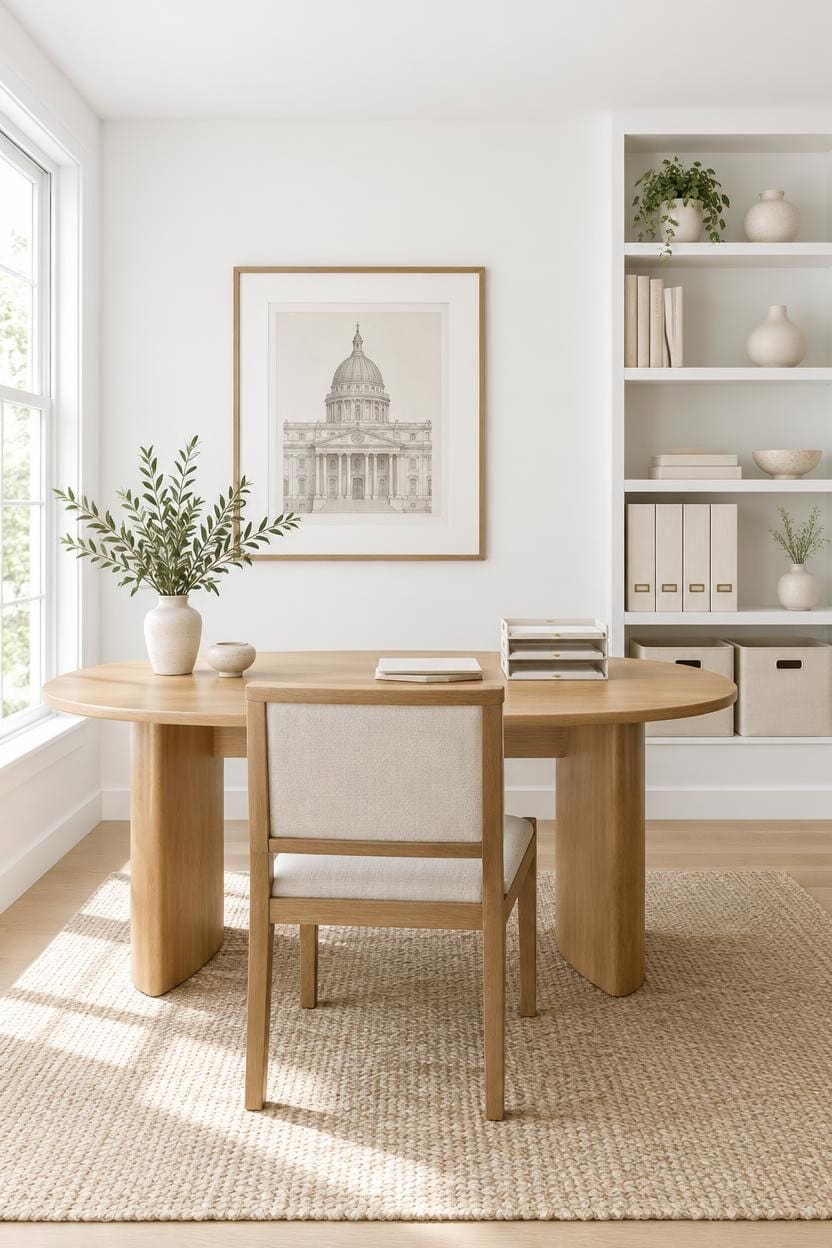 minimal white organized oak workspace
