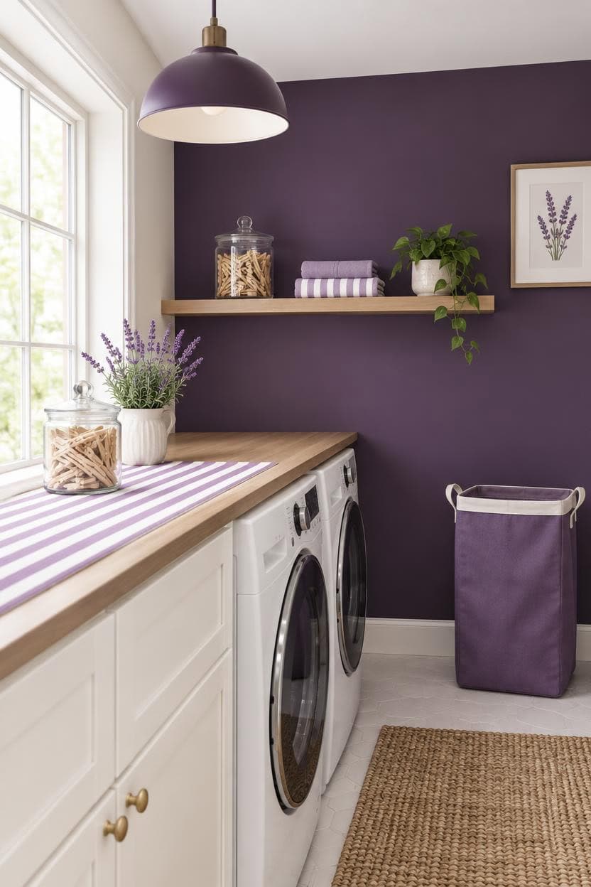 Modern laundry room with purple wall, washer, and decorative plants.