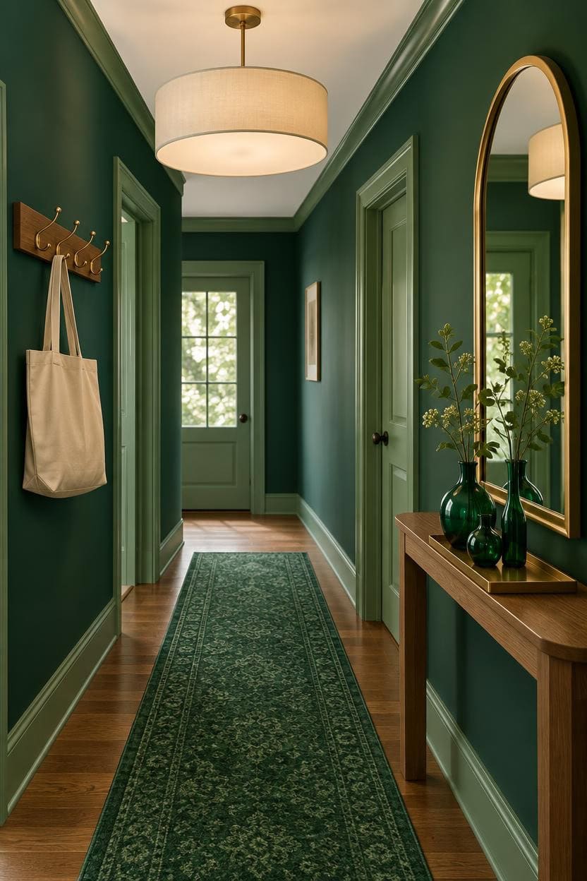 Stylish green hallway with mirror, coat hooks, and wooden console table.