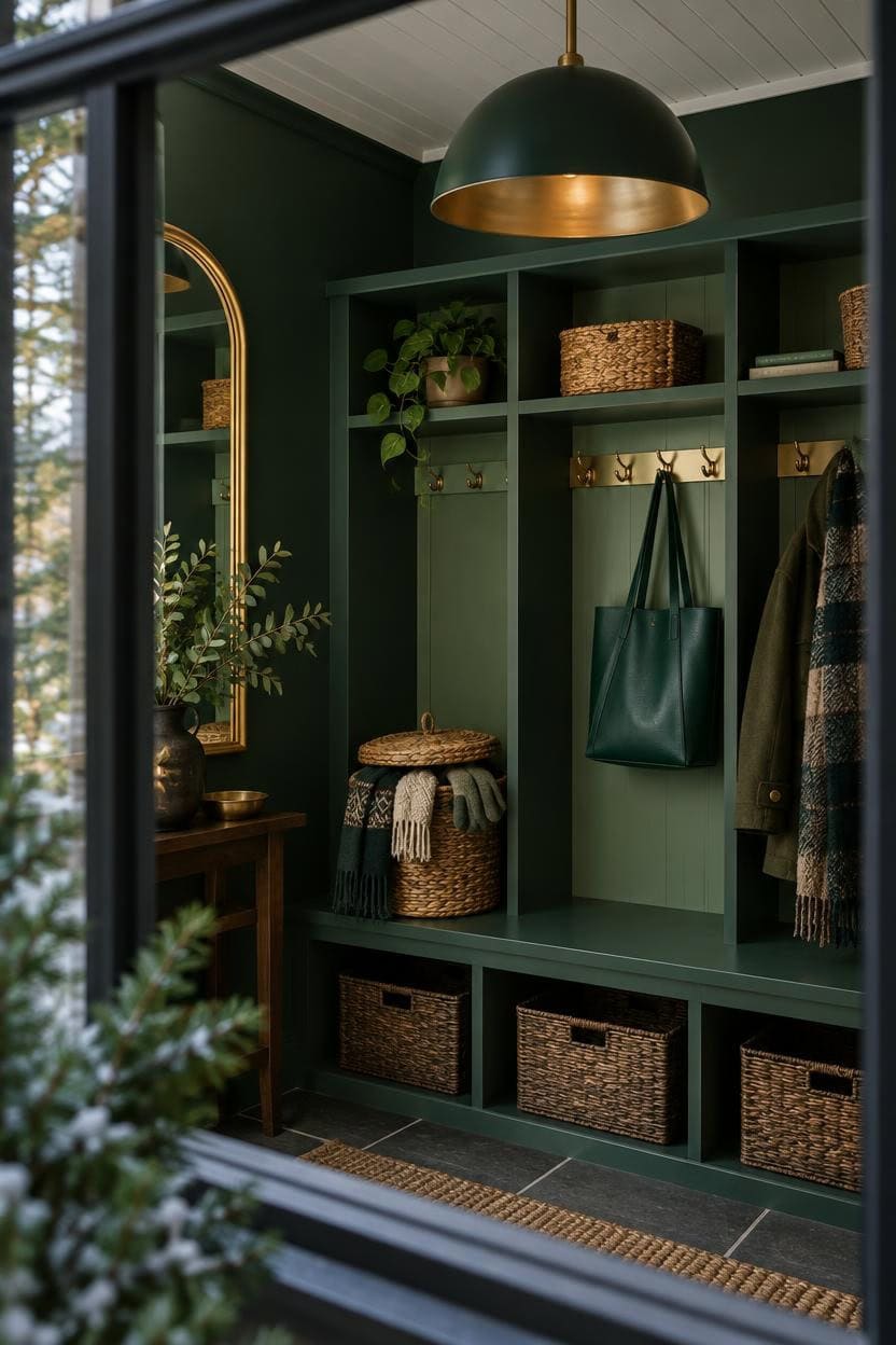 Modern green entryway with hooks, baskets, and decorative accents.