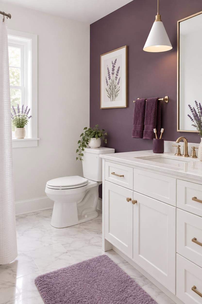 Bright bathroom with lavender accents, white vanity, and marble floor.