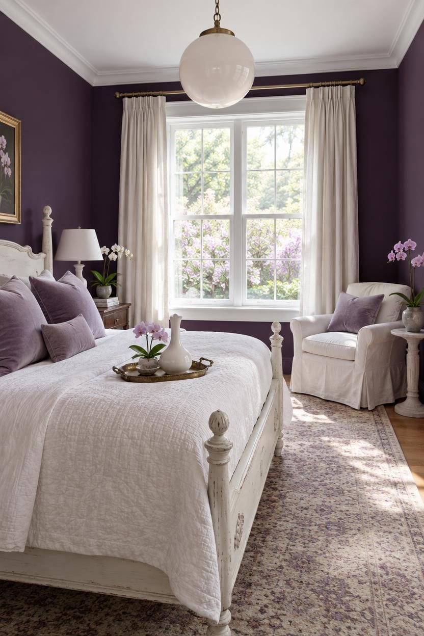 Cozy bedroom with purple walls, white furniture, and large window with curtains.