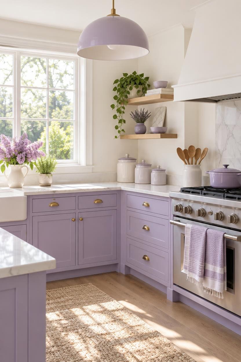 Bright kitchen with lavender cabinets, open shelves, and natural light.