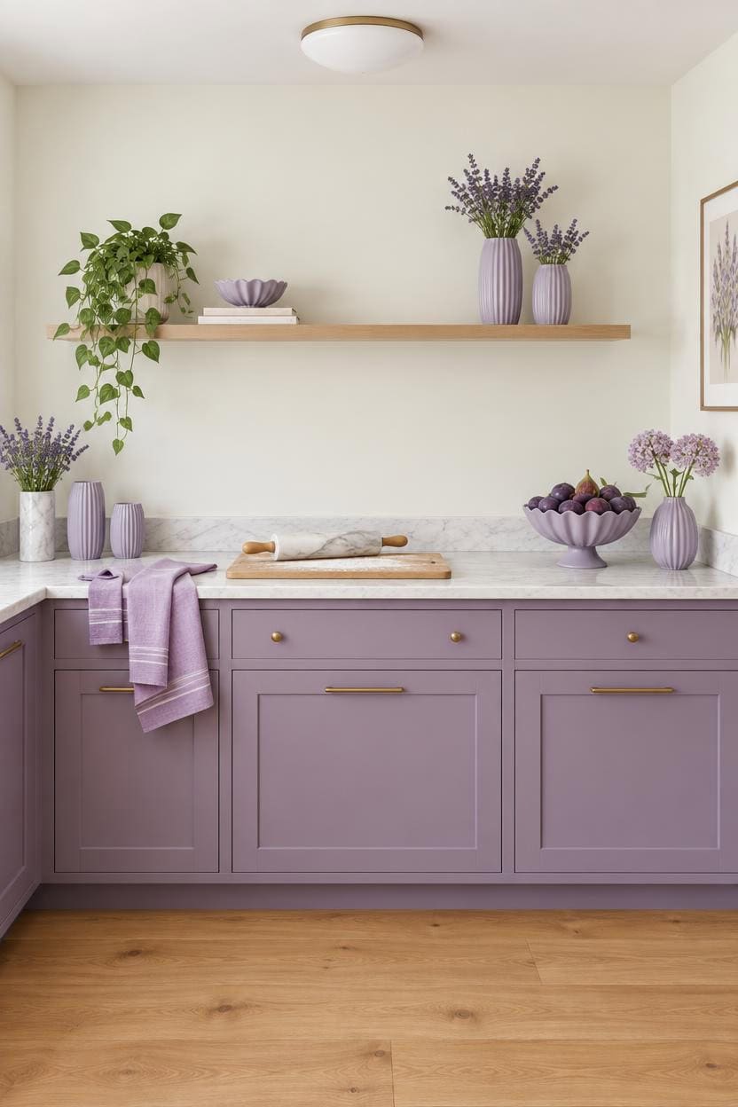 Lavender-themed kitchen with purple cabinets, vases, and fresh flowers.