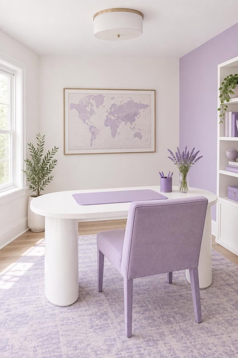 Bright home office with purple chair, world map, and lavender decor.