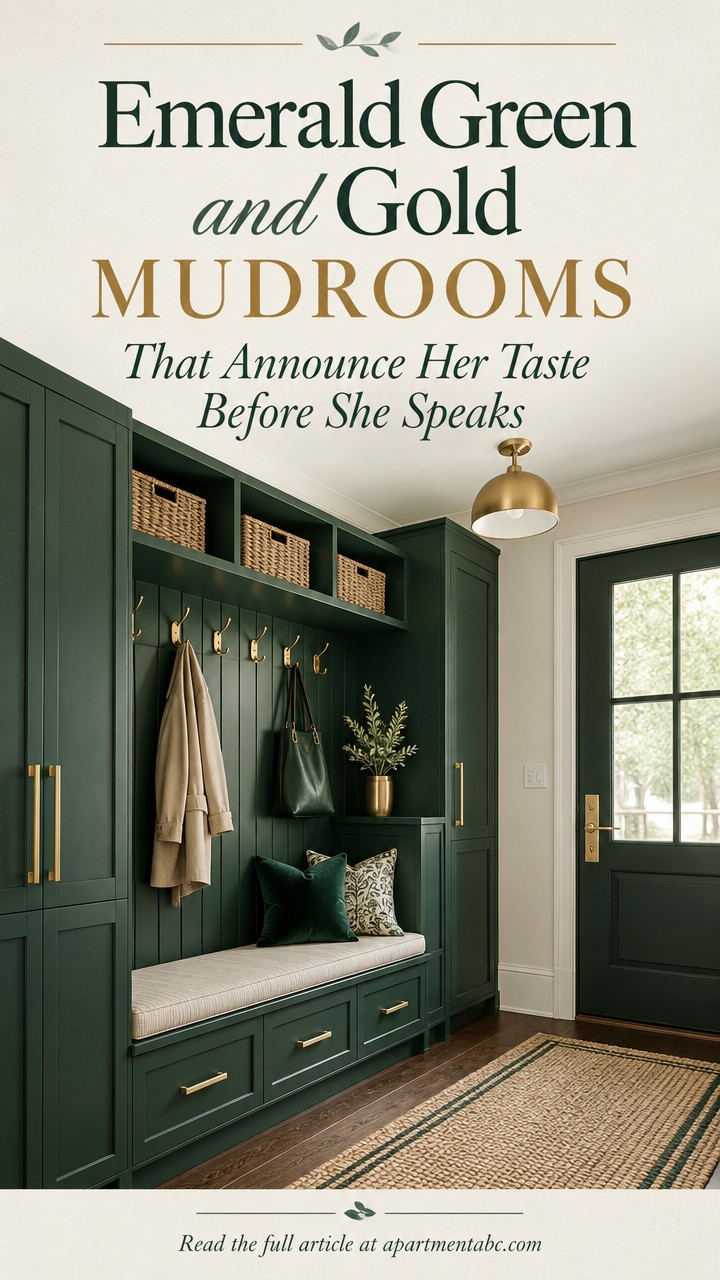 Elegant emerald green mudroom with gold accents and organized storage.