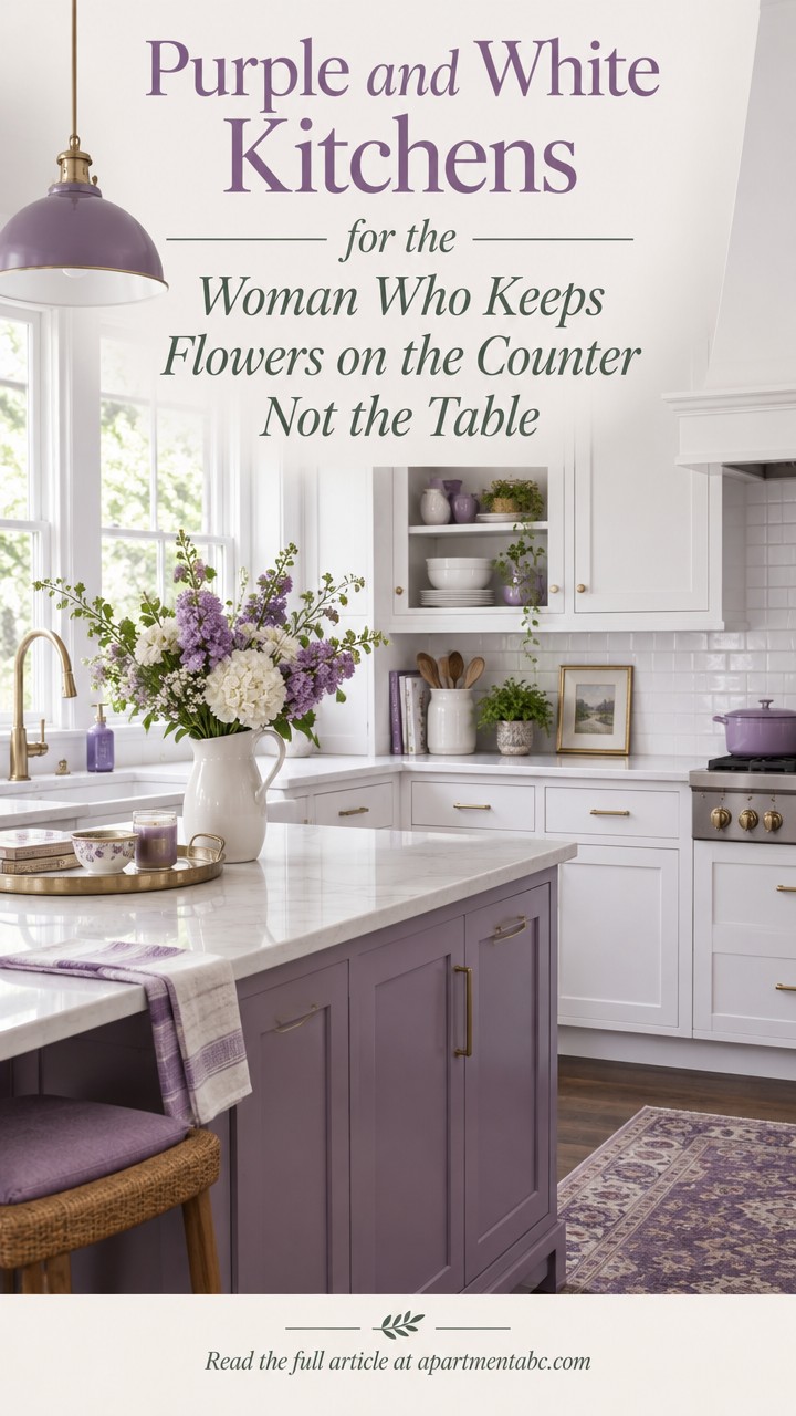 Elegant purple and white kitchen with flowers and modern decor.