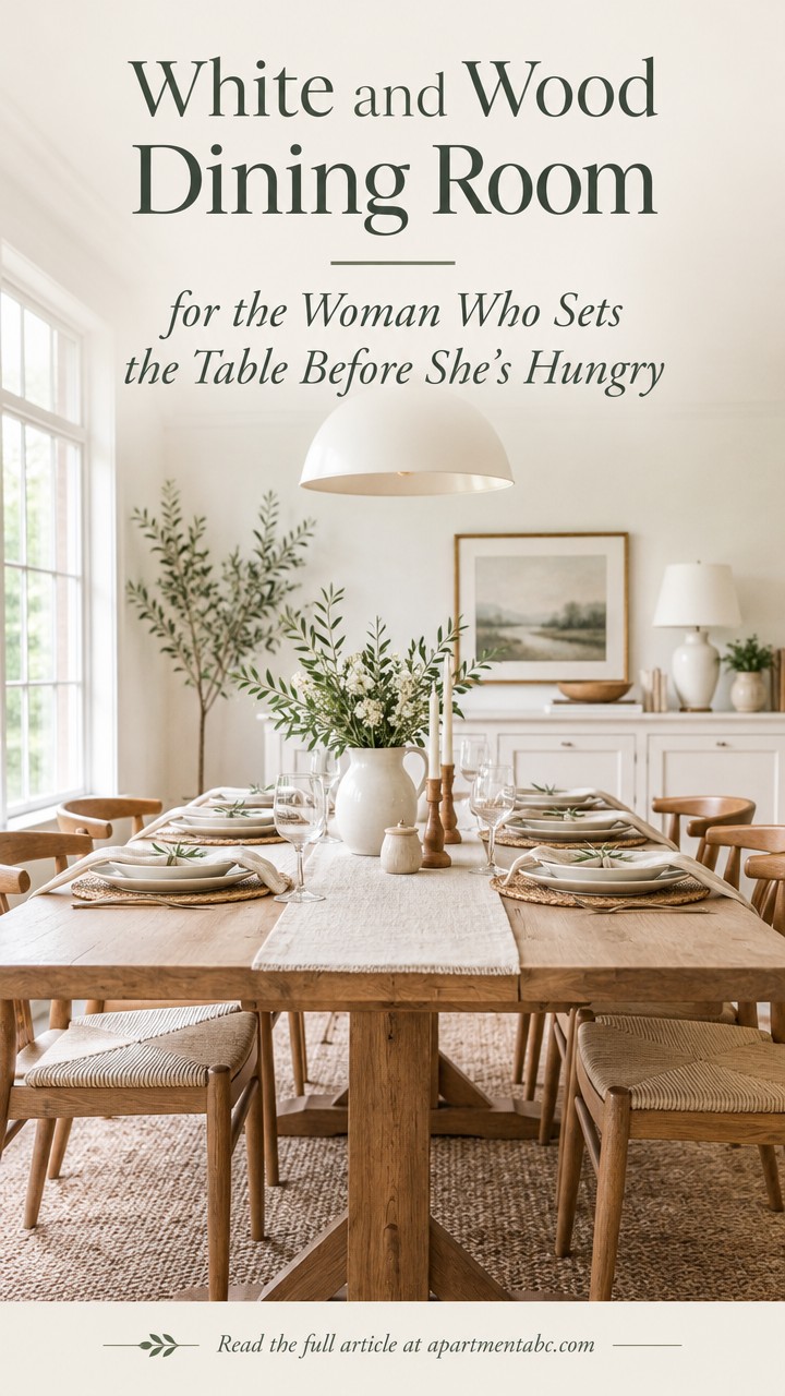 Bright dining room with white walls, wooden furniture, and natural light.