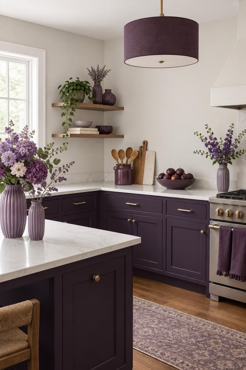 Stylish kitchen with purple cabinets and fresh flower arrangements.
