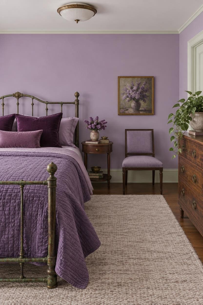 Cozy bedroom with purple walls, bedding, and vintage furniture.