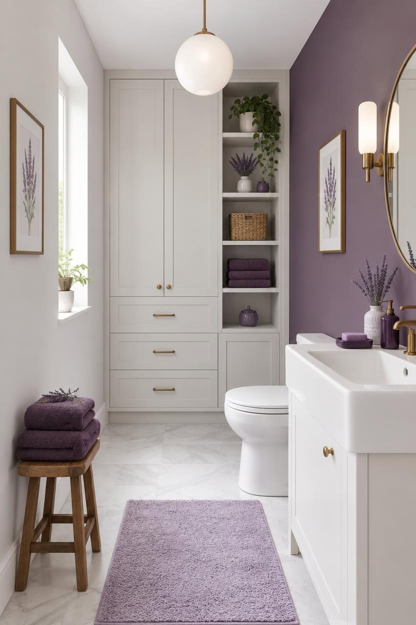 Modern bathroom with purple walls, white cabinetry, and lavender decor.