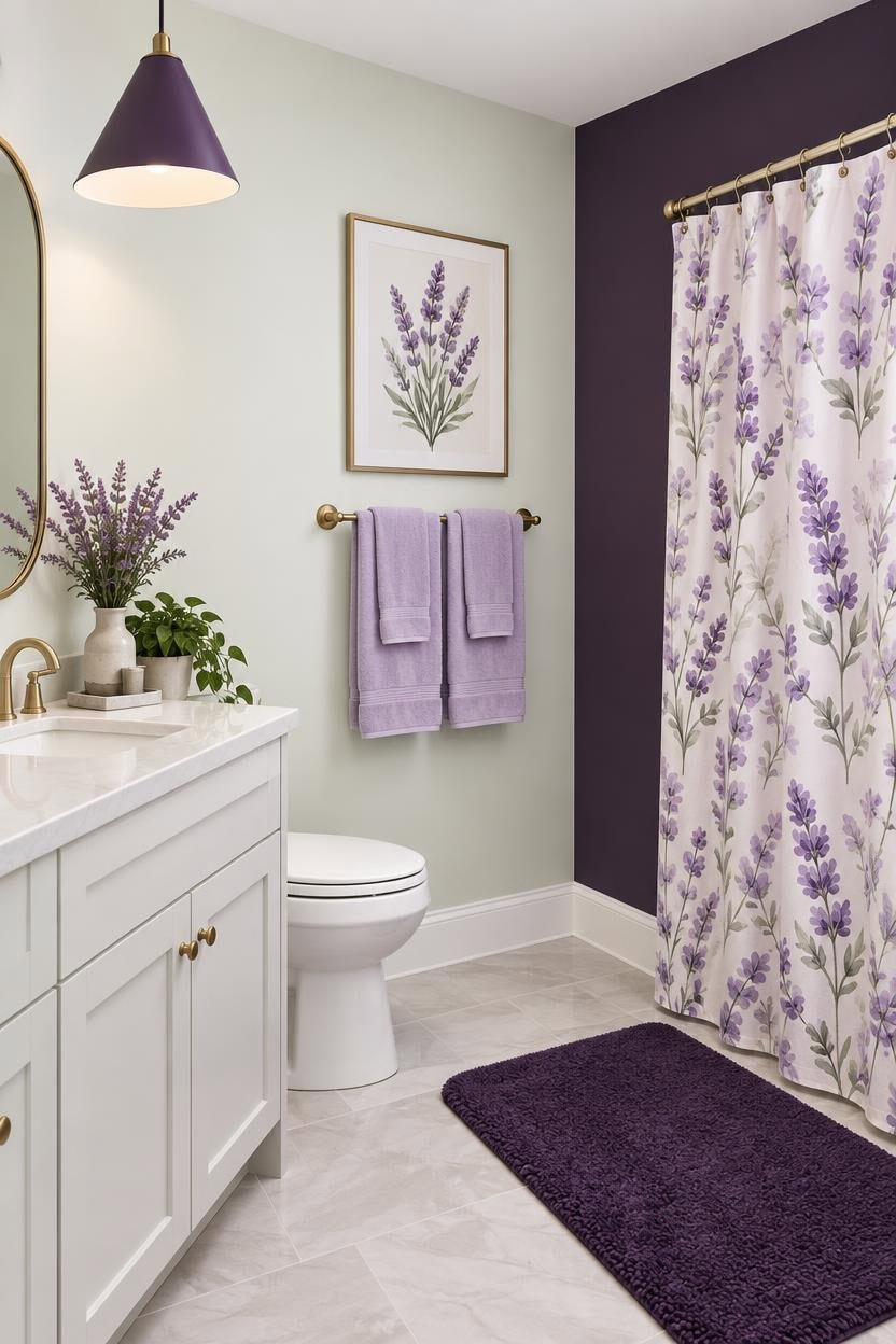 Bathroom with lavender accents, floral shower curtain, and matching towels.