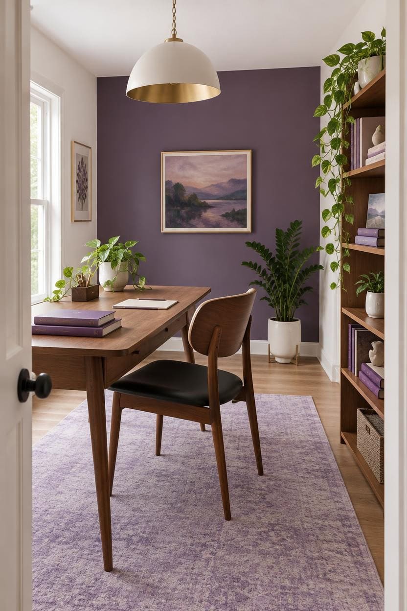 Bright home office with purple accent wall, wooden desk, and indoor plants.