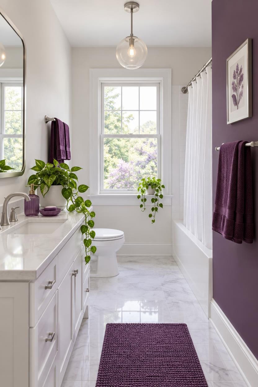 Modern bathroom with purple towels, artwork, and a large window.