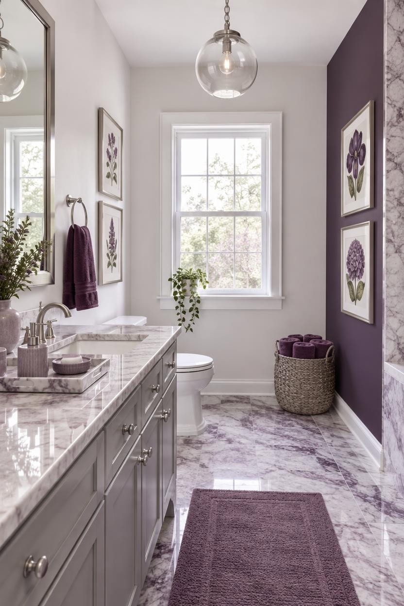 Bright bathroom with purple wall art, marble countertop, and natural light from large window.