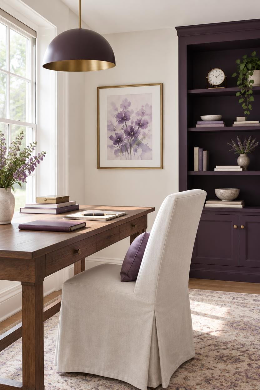Bright home office with purple bookshelf, artwork, and natural light.
