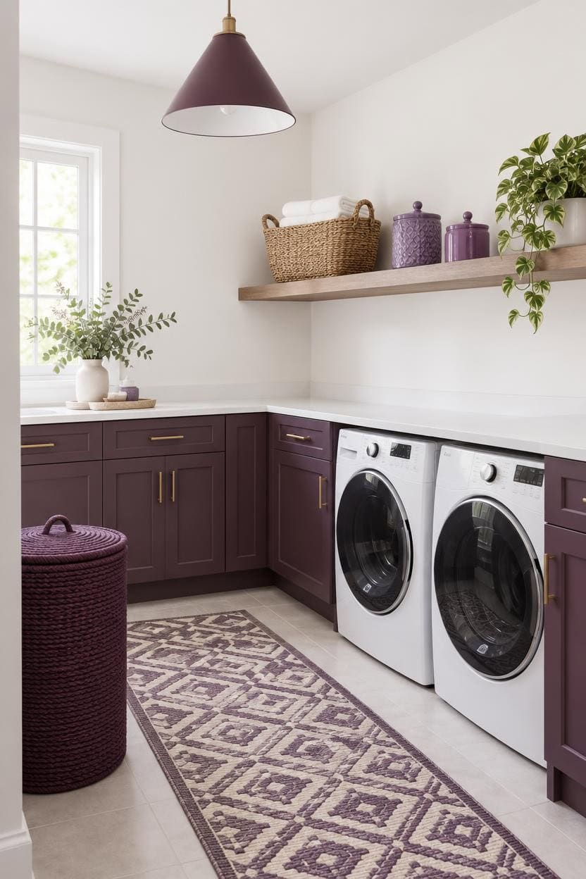 Bright laundry room with purple cabinets, washer and dryer, and decorative baskets and plants.
