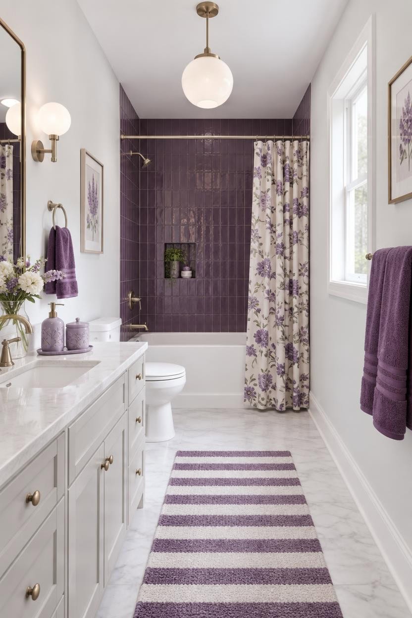 Bright bathroom with purple tiles, floral curtains, and white fixtures.