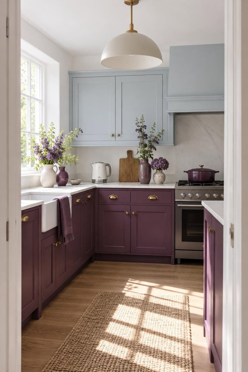 Bright kitchen with purple lower and blue upper cabinets, natural light, and wooden flooring.