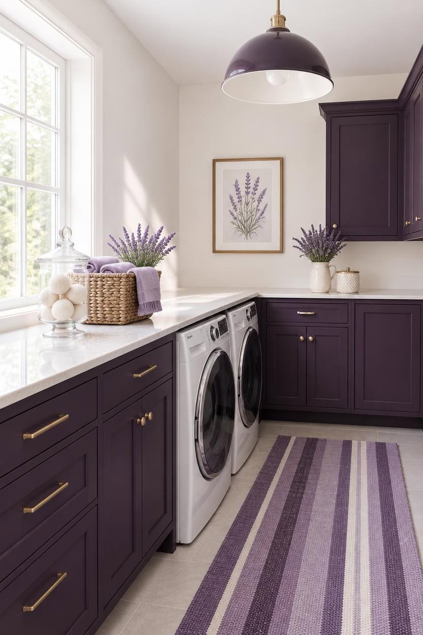 Charming laundry room with dark purple cabinets and lavender decor.