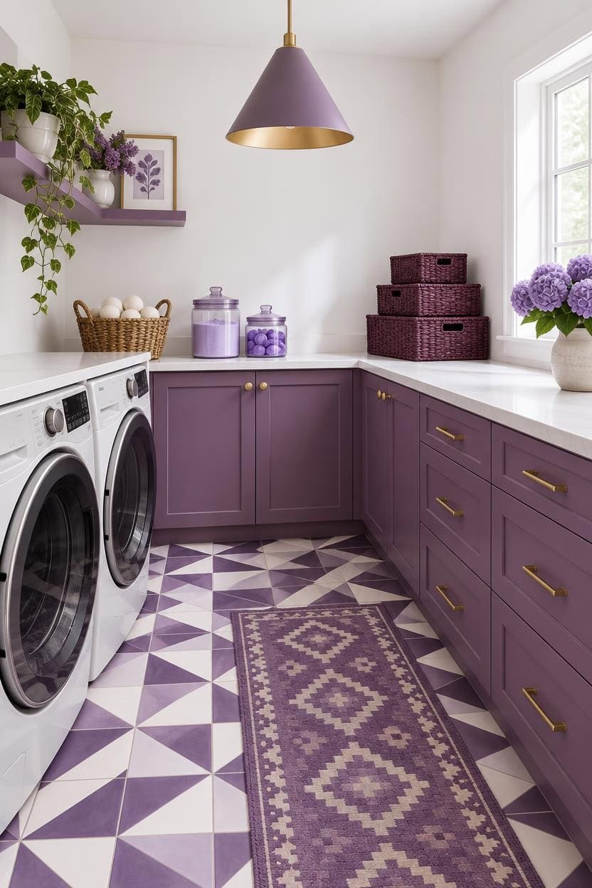 Bright laundry room with purple cabinets, geometric floor tiles, and decorative flowers.