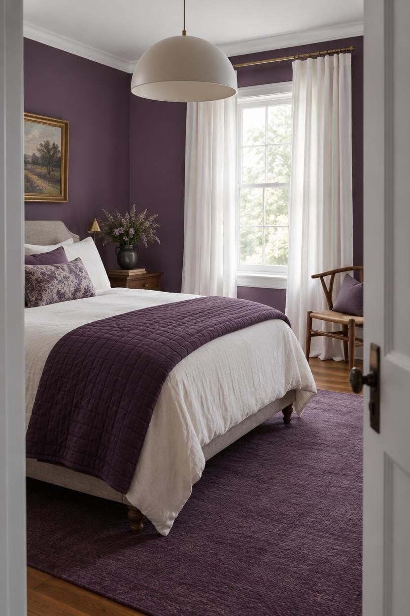 Comfortable bedroom with purple walls, white curtains, and a plush bed.