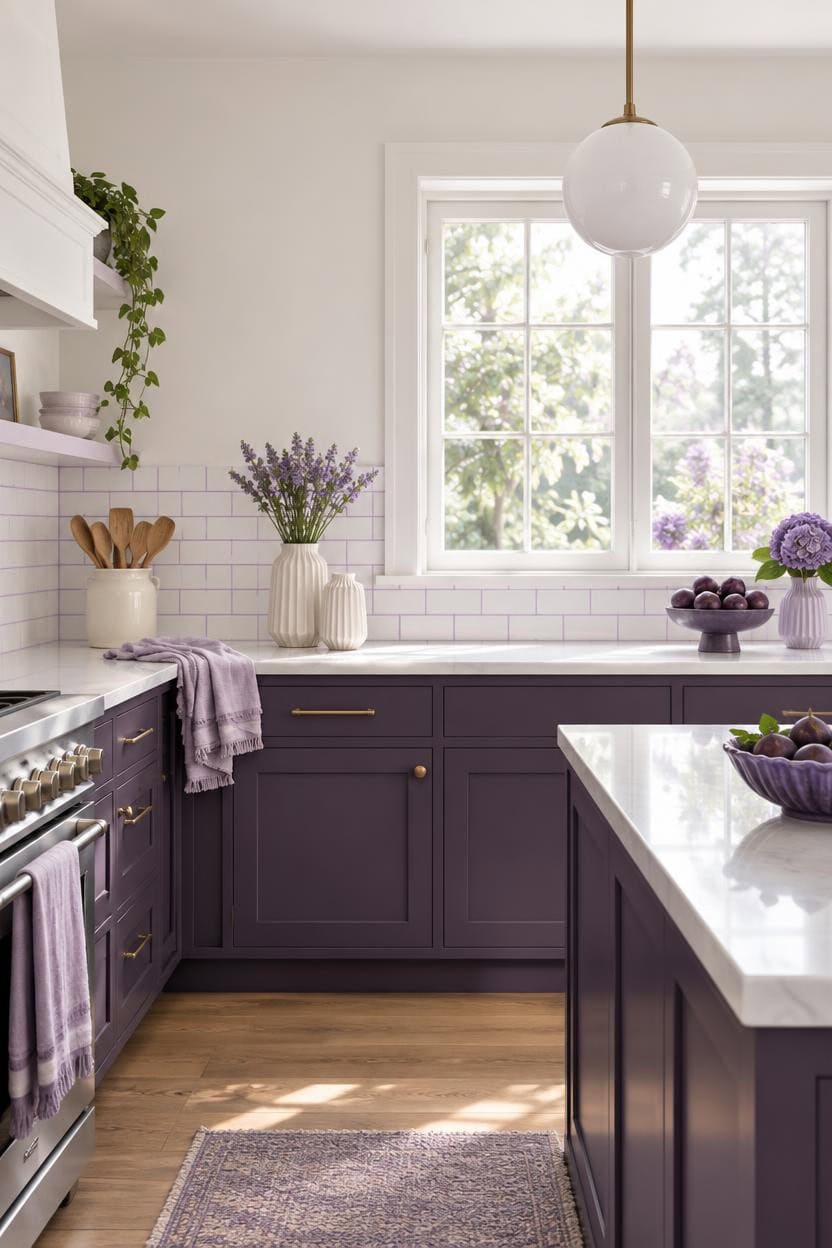 purple tinted glossy white backsplash