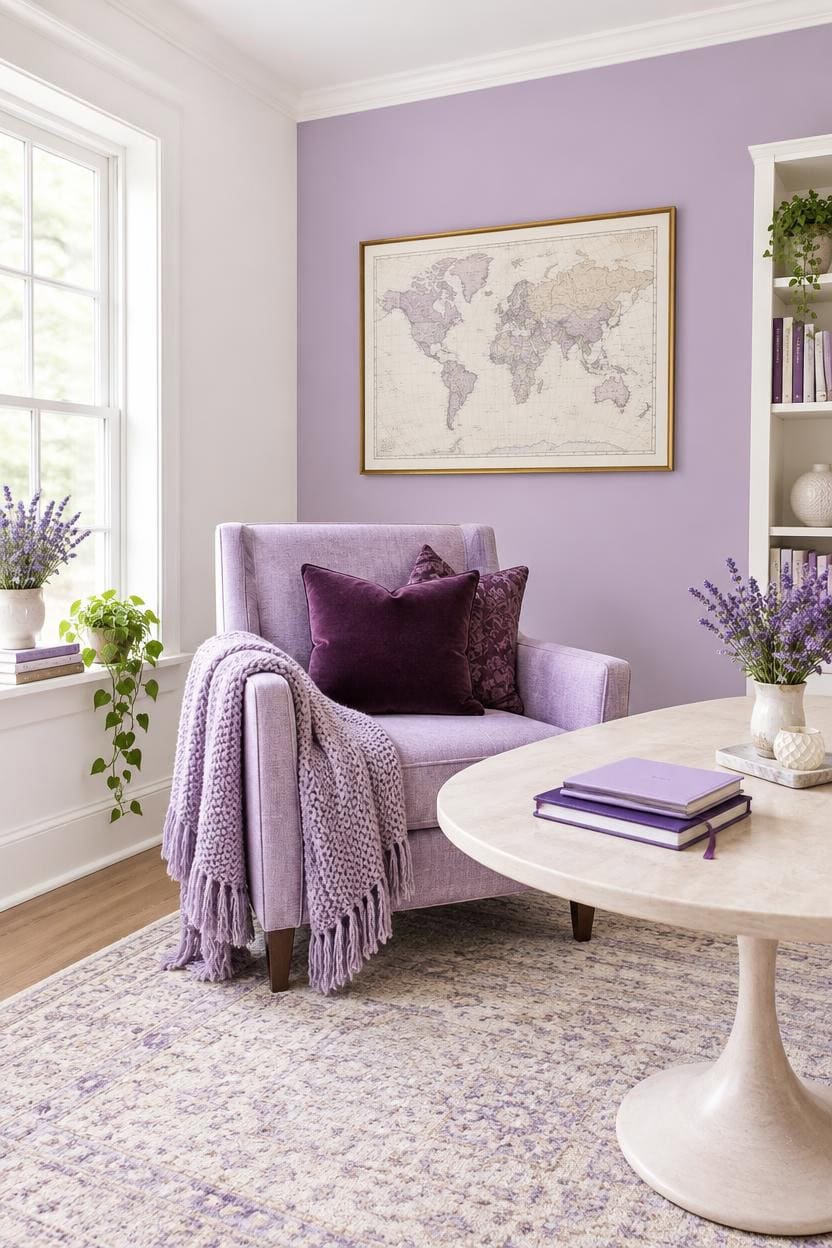Elegant living room with purple armchair, world map, and lavender plants.