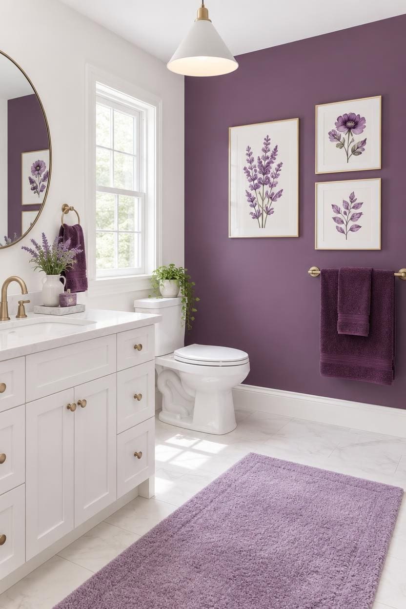 Bright bathroom with purple accent wall, floral artwork, and white vanity.