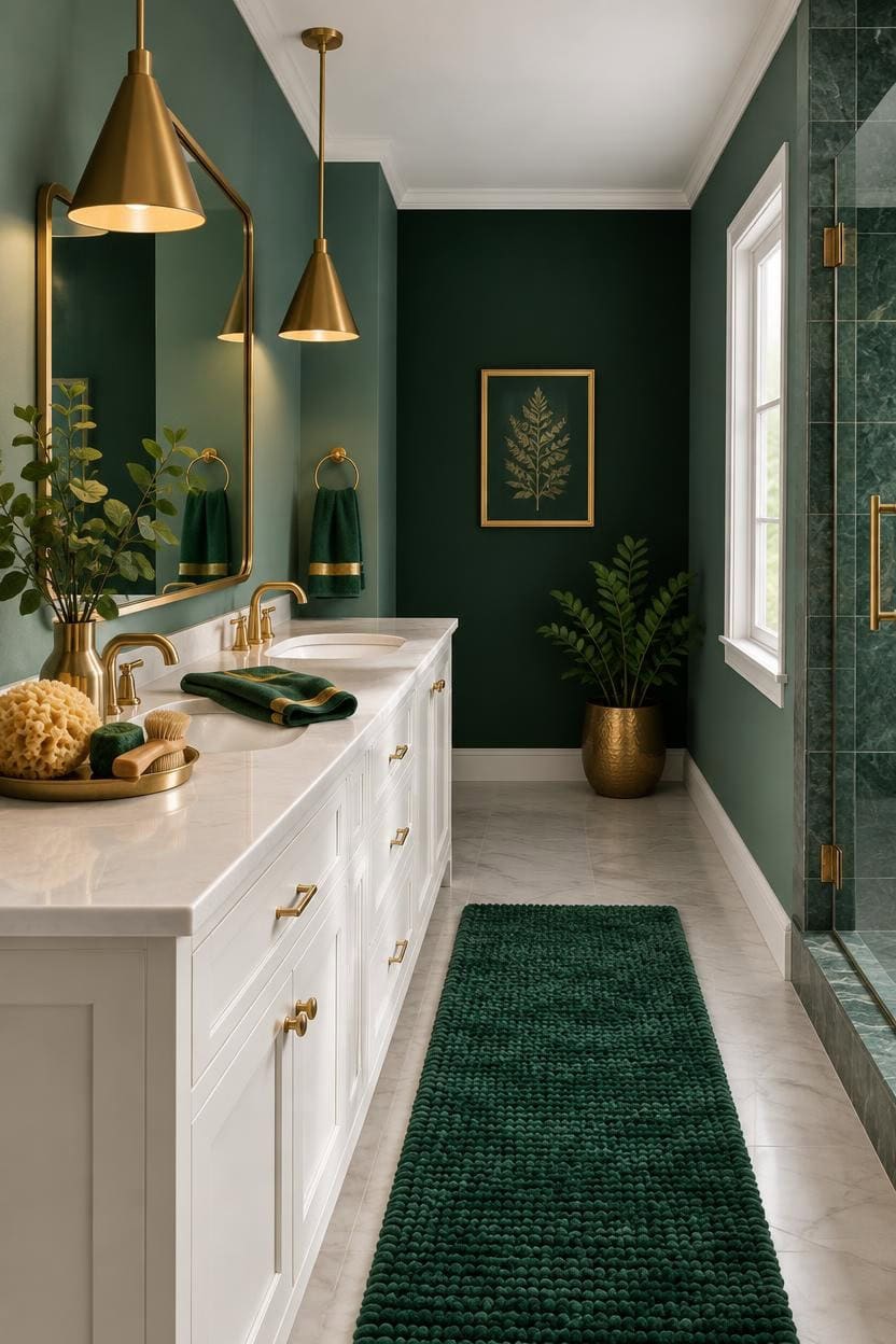 Stylish bathroom with green walls, gold fixtures, and a white vanity.