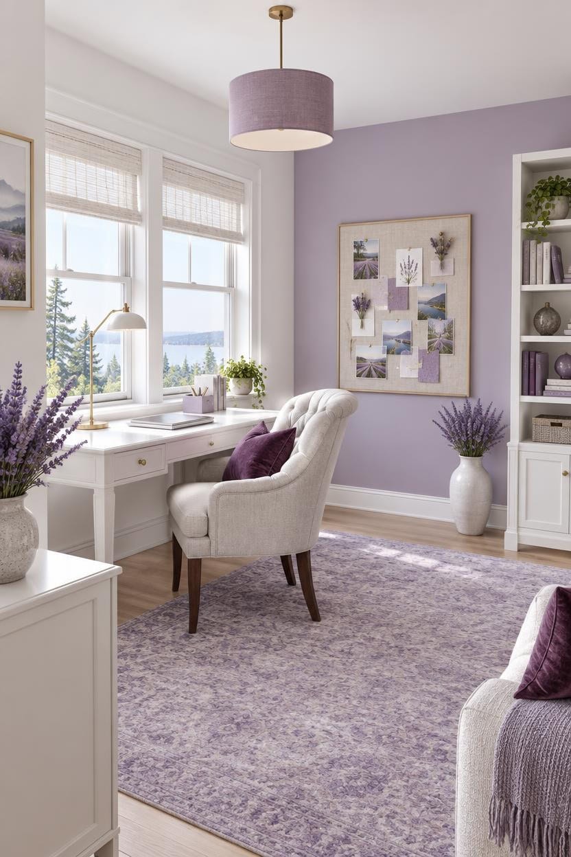 Bright home office with lavender walls, white furniture, and large windows with scenic views.