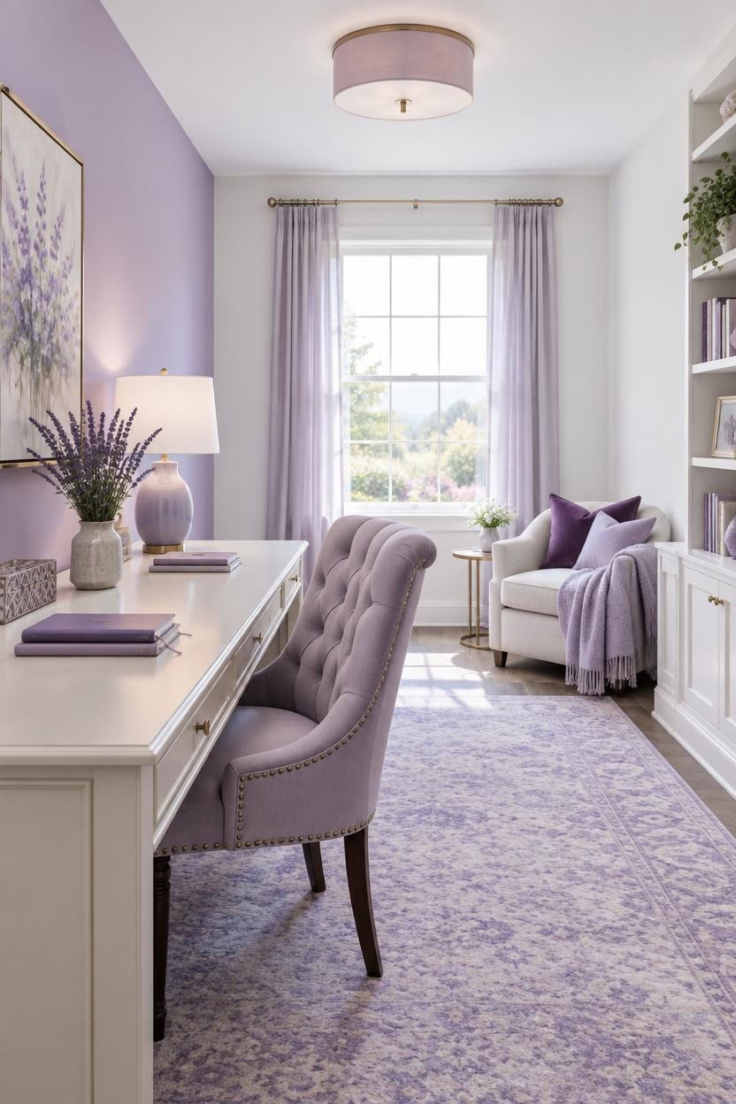 Bright home office with lavender walls, white furniture, and large window.