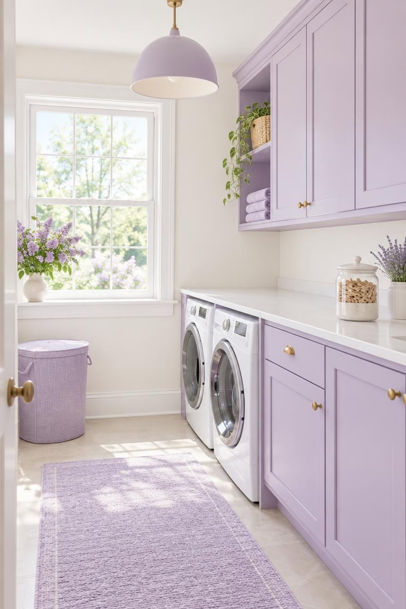 Bright laundry room with lavender cabinets, washer and dryer, and decorative plants.