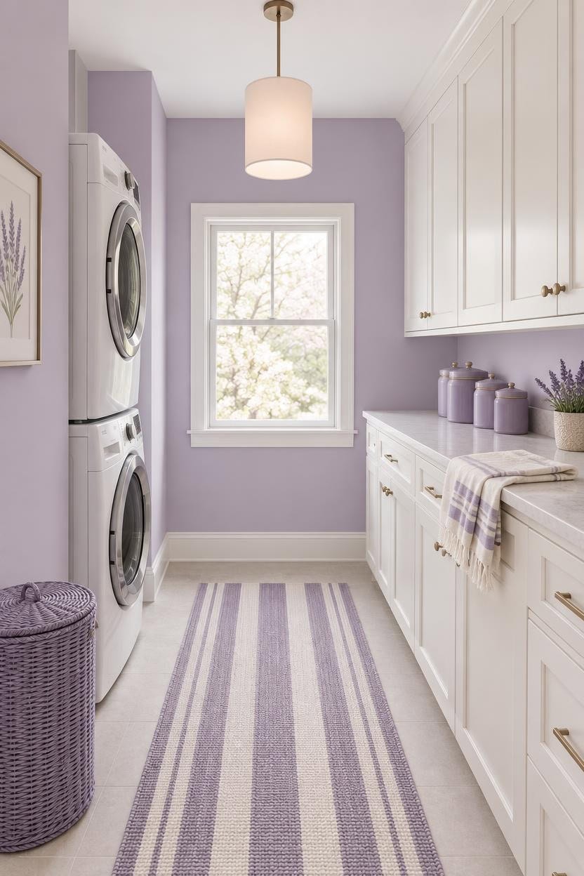 Bright laundry room with washer, dryer, and storage in pastel purple and white.