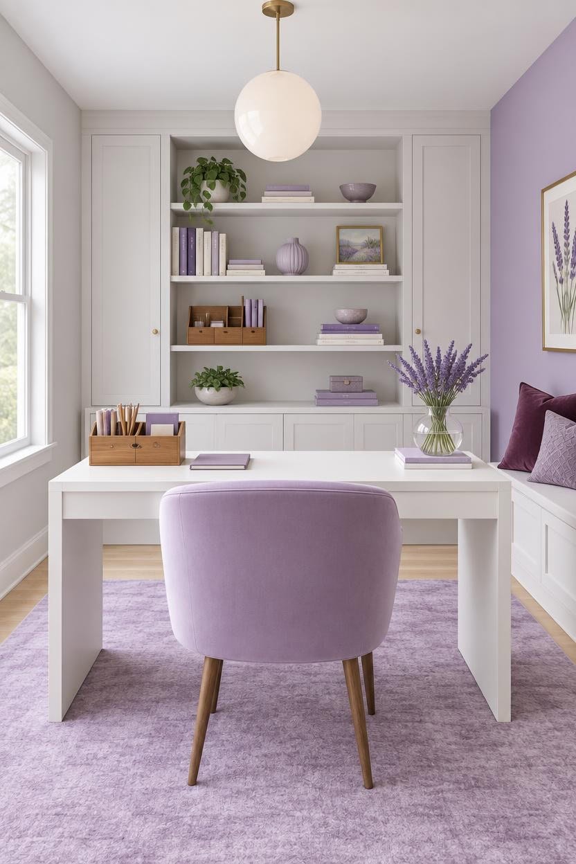 Bright home office with lavender chair, shelves, and decor for a cozy workspace.