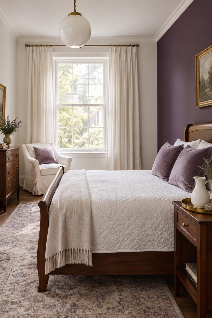 Bright bedroom with large window, white curtains, and purple accent wall.
