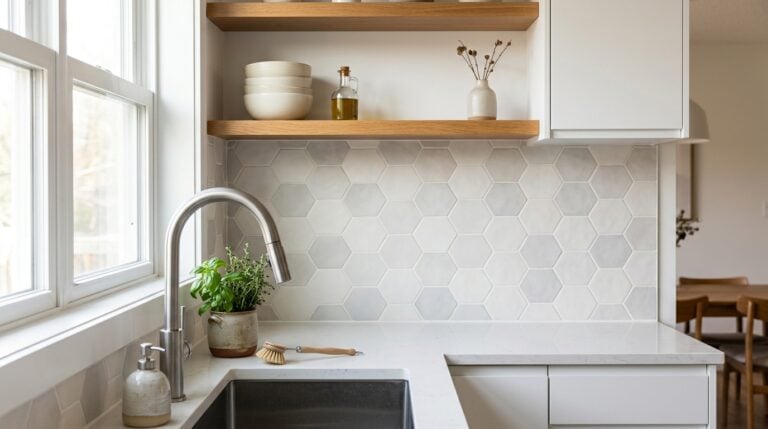 Contemporary kitchen with white cabinets, hexagon tile backsplash, and wooden shelves.