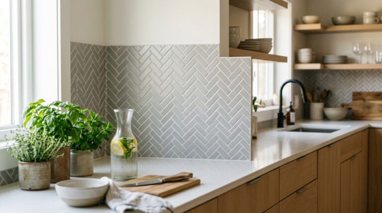 Bright modern kitchen with wooden cabinets, herringbone backsplash, and greenery.