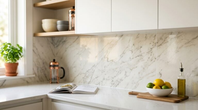 Bright kitchen with marble backsplash, open book, and fresh lemons on counter.