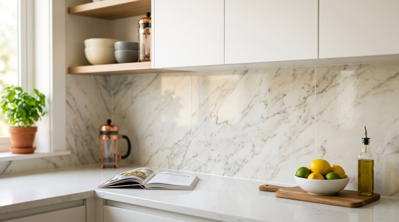 Bright kitchen with marble backsplash, open book, and fresh lemons on counter.