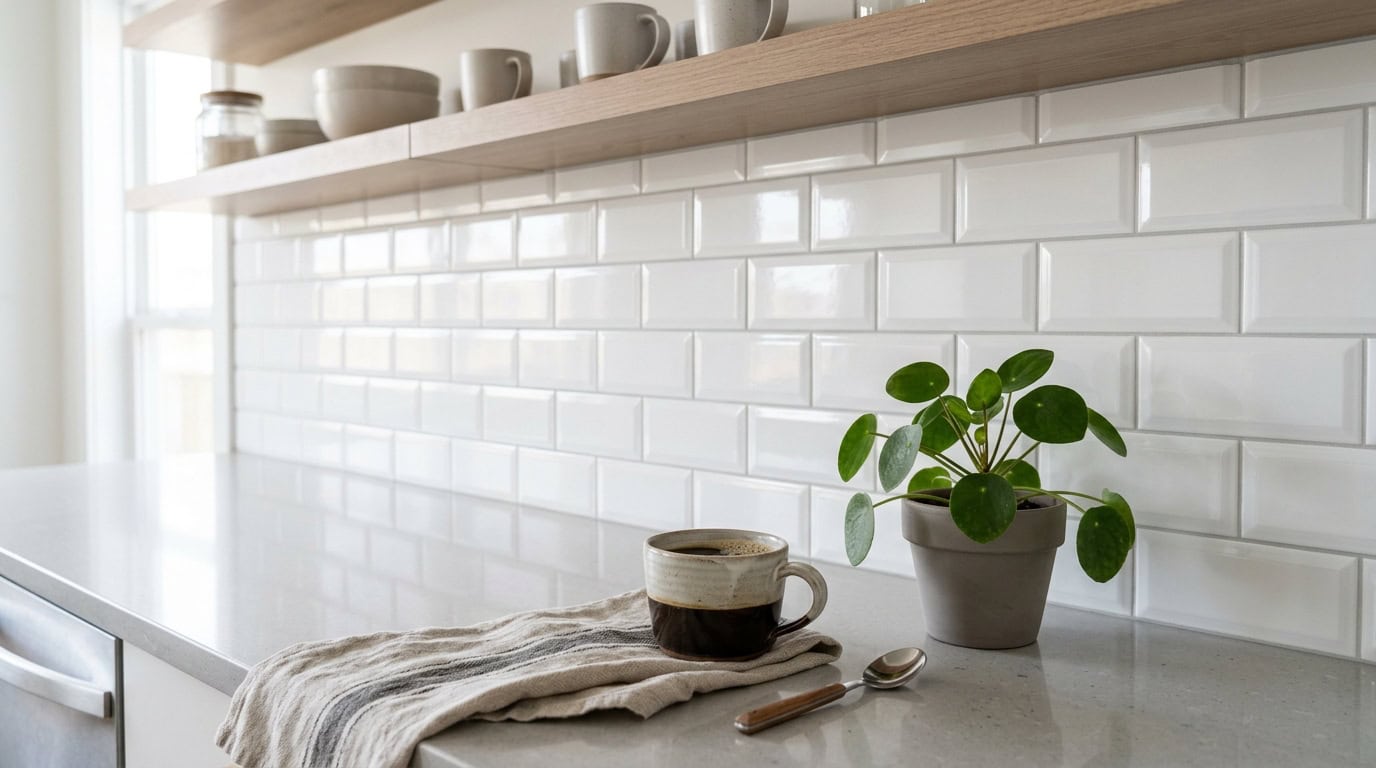 Bright kitchen with white subway tile backsplash and a potted plant.