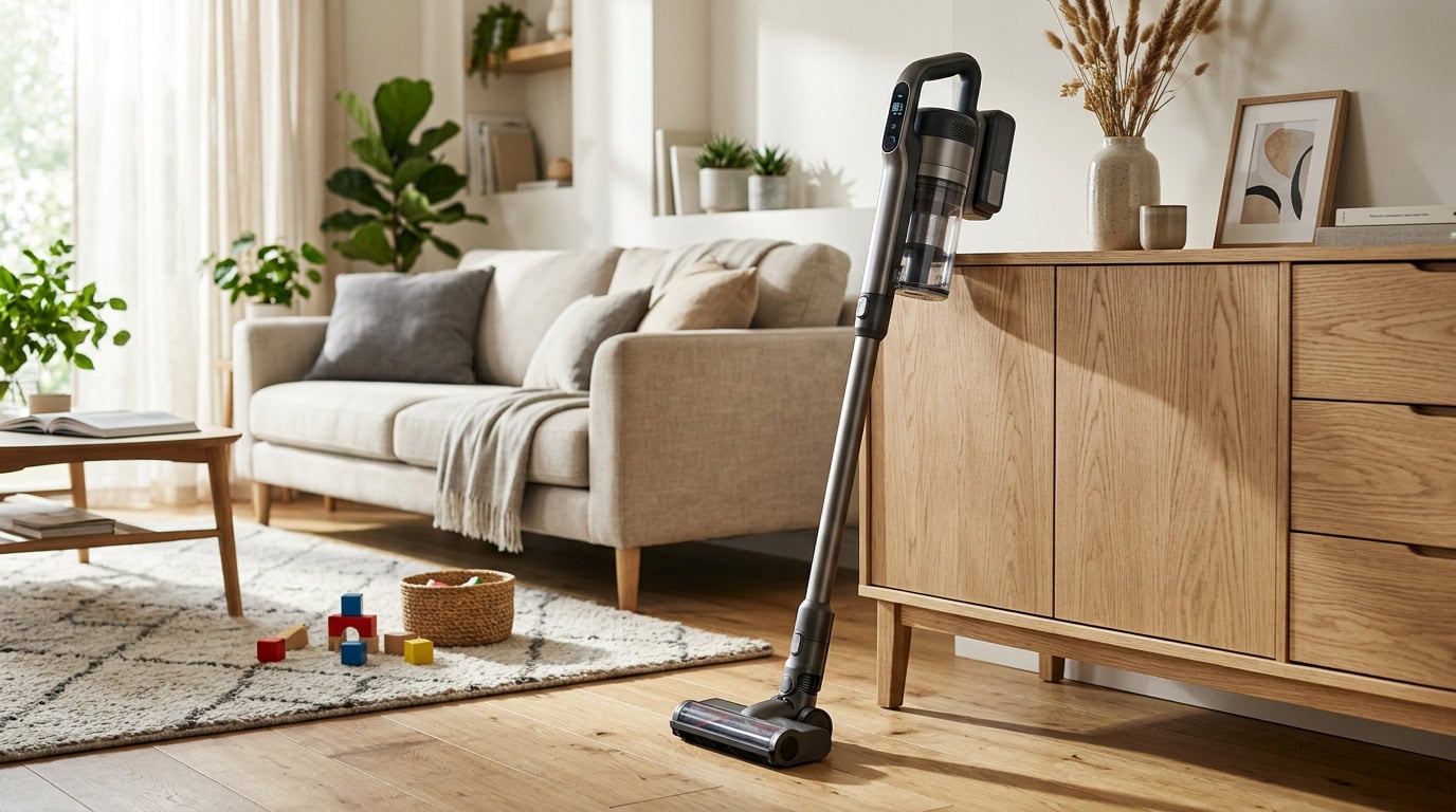 Vacuum cleaner in a stylish living room with sofa and plants.