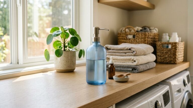 Bright laundry room with potted plant, folded towels, and cleaning supplies.