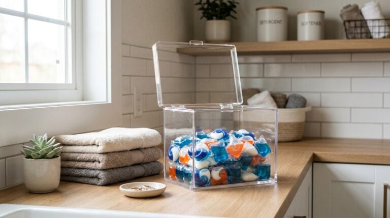 Laundry detergent pods in a transparent container on a kitchen countertop.