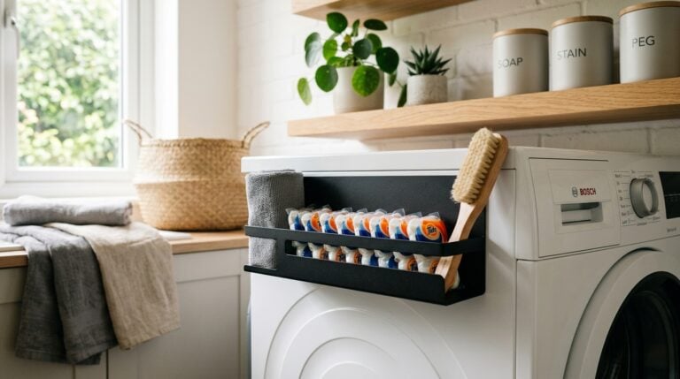 Bosch washing machine in a bright, modern laundry room with cleaning supplies.